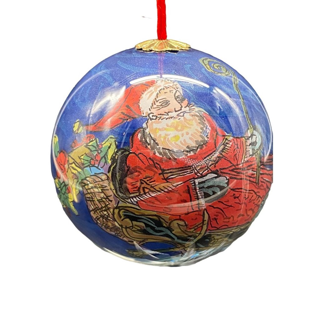 Santa Claus Reindeer Reverse Painted Glass Christmas Ornament Presents Flying